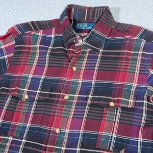 Polo Ralph Lauren Shirt Mens Medium Maroon Blue Plaid Button Up Pockets Cotton